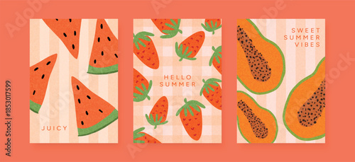 Set of vertical fruit postcards with watermelon, strawberry, and papaya on striped and checkered backgrounds. Bright juicy design for cards, posters, promo and web graphics.
