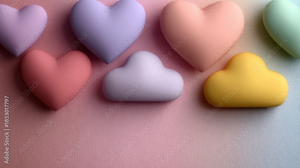 Obraz premium Valentine’s Day rainbow bright set. Layered rainbows, cloud hearts, sunshine, gradient pastel background. Inclusive love event flyer, promo, card. Area for text