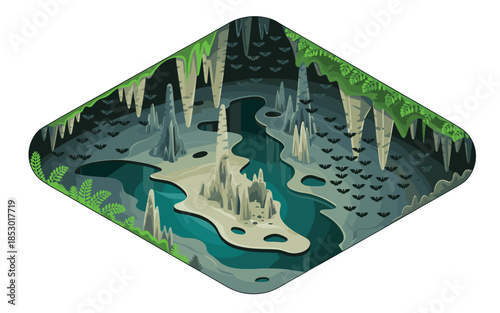 Mysterious cave landscape with stalactites and bats