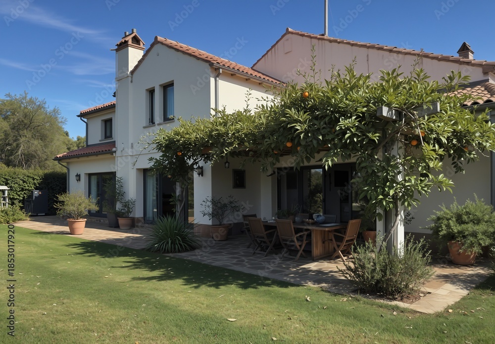 Obraz premium rustic french villa with outdoor dining and citrus trees on a sunny day
