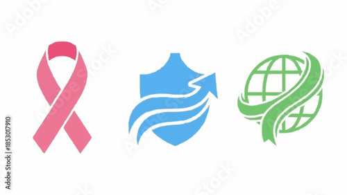 Conceptual vector icons illustrating vital social responsibility themes health awareness, environmental safeguarding, and global sustainability efforts for a better future