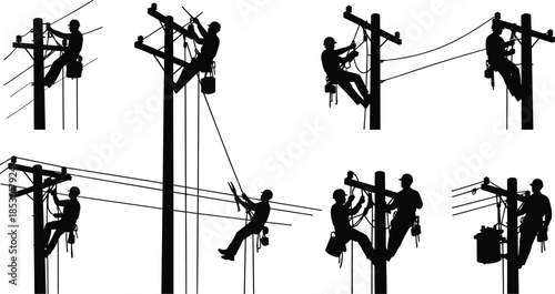Electric line worker silhouette set repairing power poles, utility maintenance electrician safety work vector illustration isolated on white background