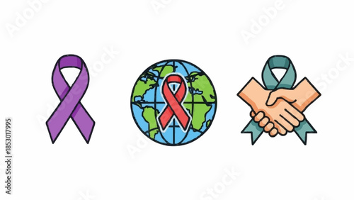 Awareness ribbons, world map, and handshake conveying support, unity, and global health initiatives