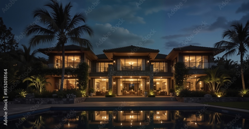 Obraz premium luxurious tropical estate with illuminated facade reflecting in a calm swimming pool at twilight.