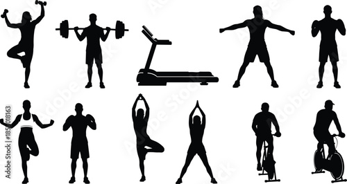 Fitness workout silhouette icon set with gym exercises running yoga cycling treadmill weightlifting vector illustration isolated on white background