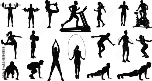 Fitness workout silhouette illustration set, gym training exercises, yoga cardio strength poses, healthy lifestyle sport activities, black white design