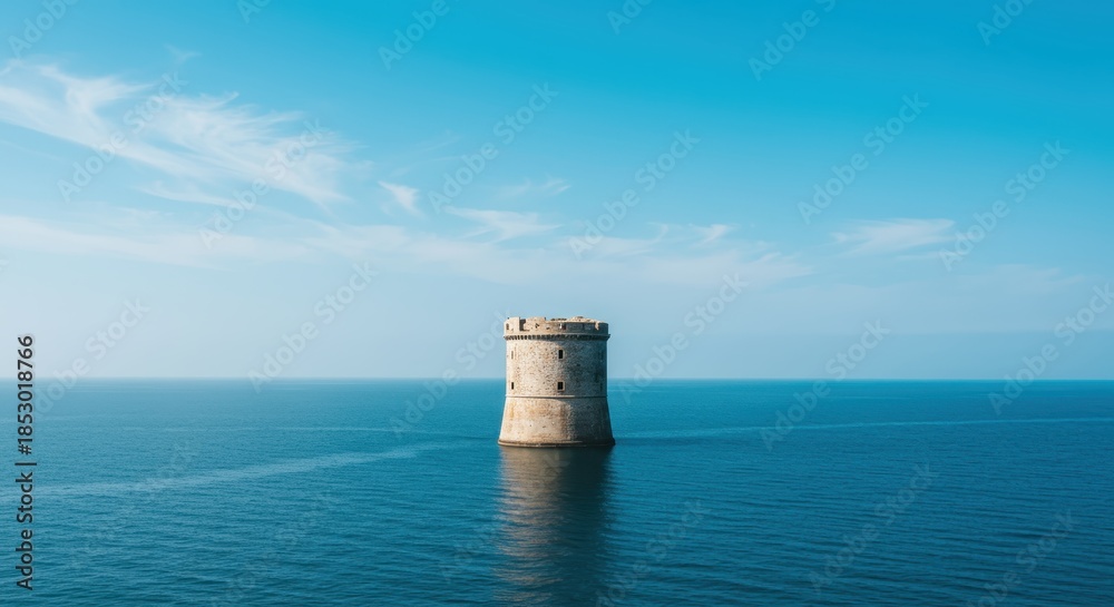 Obraz premium Ancient stone watchtower stands isolated in vast expanse of deep blue sea under bright sky
