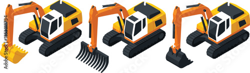 Isometric excavator machine set with different buckets attachments heavy construction equipment illustration for industrial engineering projects design