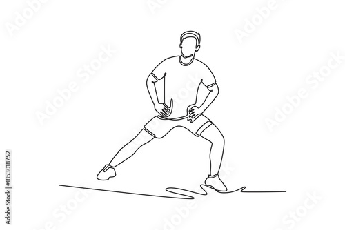 Athlete warming up by stretching before exercise. Physical Activity concept. Single line draw design. Vector graphic illustration
