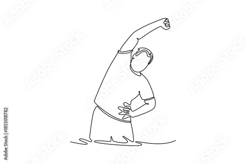 Happy joyful mature doing side stretching exercises with arm over his head. Physical Activity concept. Single line draw design. Vector graphic illustration