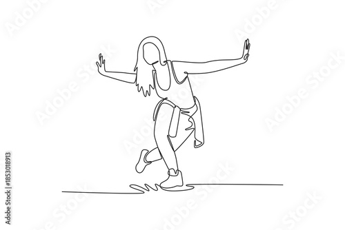 Young attractive brunette woman doing zumba dance workout. Physical Activity concept. Single line draw design. Vector graphic illustration