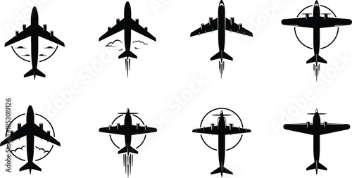 Airplane silhouette icons, bottom view aircraft, jet trail design, cloud accent, black illustration, aviation emblem, flight concept, sky symbol