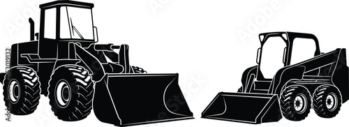 Skid steer loader and wheel loader silhouette illustration featuring heavy construction machinery black vector industrial equipment isolated on white background