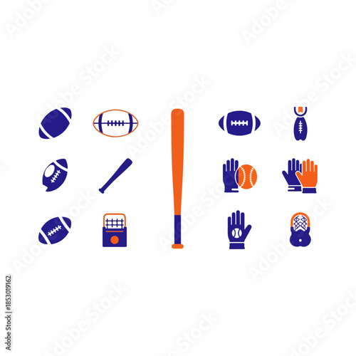 Set of sports equipment icons in blue and orange.