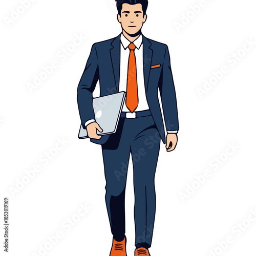 Stylish businessman in navy suit carrying a laptop.