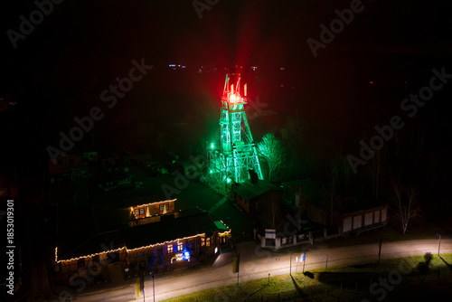 A view of the winding tower of the Wettelrode mine near Sangerhausen at night