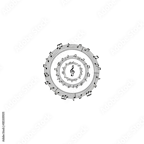 Circular spiral of musical notes surrounding treble clef.