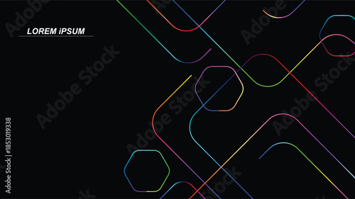 Vibrant multicolored lines intersecting on black background.