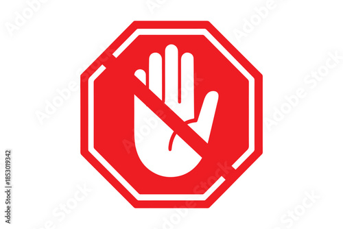 do not touch icon—black hand in red circle with diagonal line, bold warning vector for safety signage, restriction zones, or hazard UI