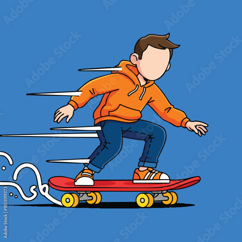 Energetic young boy skateboarding with speed lines on a vibrant blue background illustrating active youth pursuits and recreational fun