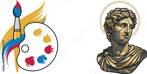 Art icons, painter palette, classical bust design, black illustration, creative symbol, sculpture concept, artistic branding, heritage badge, visual emblem