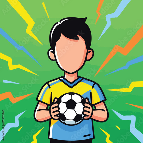 Young boy holding a soccer ball on a vibrant green and lightning bolt background for a game illustration design