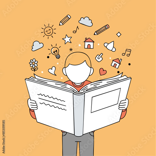 A person deeply engrossed in a book sparking imagination and ideas on a vibrant background for educational content creation