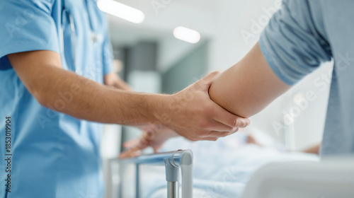 Doctor checking patient arm in hospital corridor