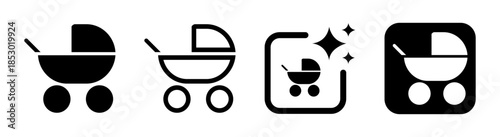 Black baby stroller icon vector illustration for child care transportation and mobility with transparent PNG background
