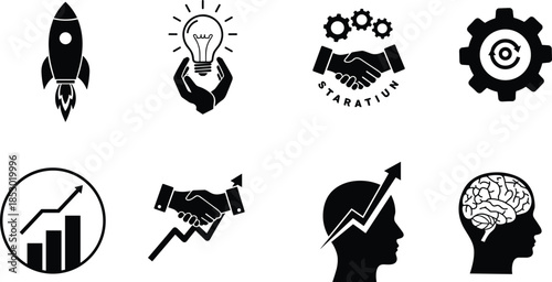 Business icons, innovation symbol, startup launch, growth chart, handshake emblem, gear design, brain silhouette, black illustration, success concept