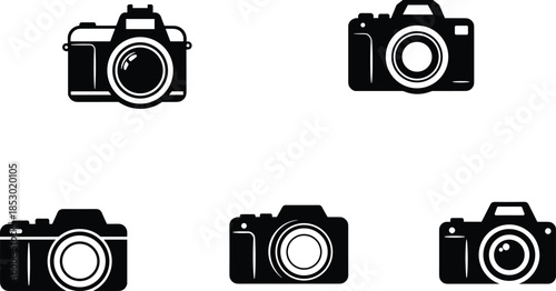 Camera icon set, photography symbol, lens design, black illustration, digital imaging, photo device, minimal style, shutter concept, tech emblem