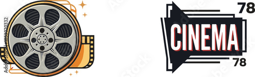 Cinema icons, film reel, movie marquee, retro design, black illustration, entertainment symbol, theater branding, vintage film concept, screen art