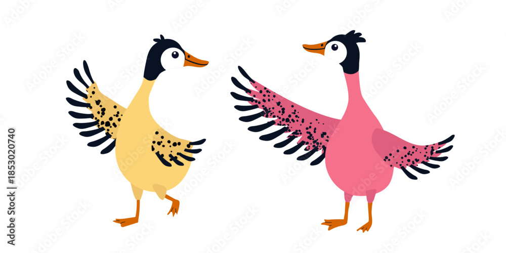 Obraz premium Cute dancing duck character with fluffy feathers, playful pose and joyful expression, in textured style, soft pastel colors, clean shapes, isolated on white background. Vector