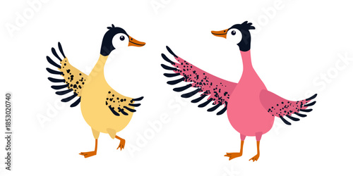 Cute dancing duck character with fluffy feathers, playful pose and joyful expression, in textured style, soft pastel colors, clean shapes, isolated on white background. Vector