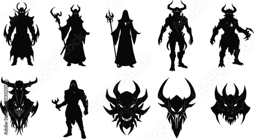 Dark fantasy silhouettes, demon heads, warrior figures, mythical creature icons, black illustration, fantasy concept art, monster design, gothic character set