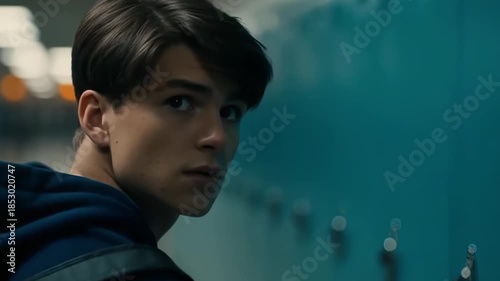 Teen turning with curious gaze in school hallway near lockers