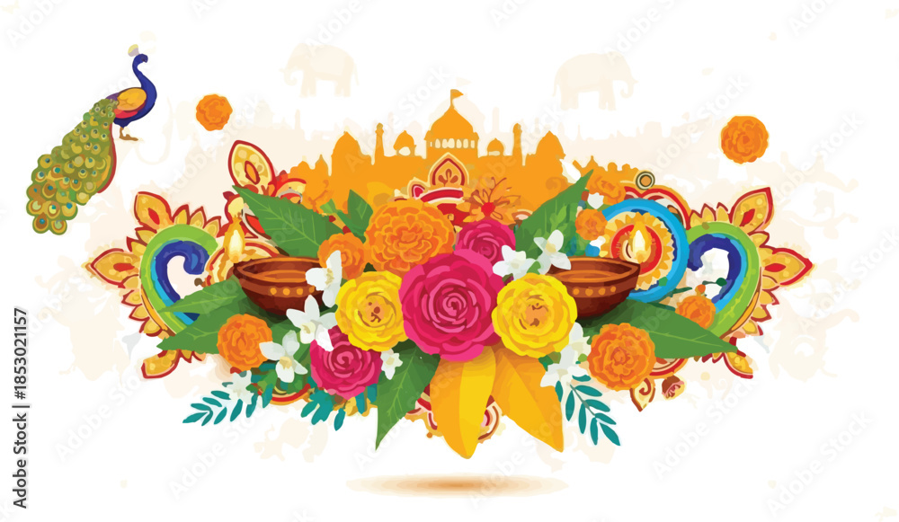 Obraz premium Colorful Traditional Indian Festival Decoration with Flowers, Diyas, Palace Silhouette, and Peacock