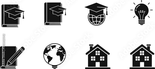 Education icons, graduation cap, book, globe, light bulb, pencil, home symbol, learning concept, black illustration, global study, academic design