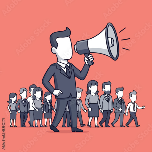 Man with megaphone leading a diverse group of people in communication and announcement