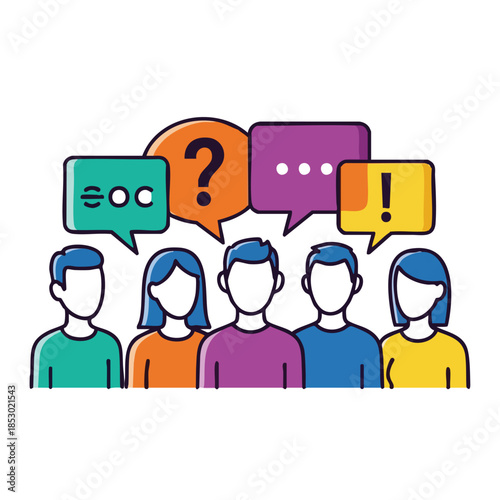 Diverse group of people communicating with speech bubbles representing questions and answers a conceptual illustration for discussion and feedback