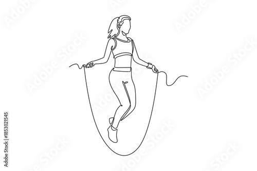 Young sportive beautiful girl doing exercises with jumping rope. Physical Activity concept. Single line draw design. Vector graphic illustration