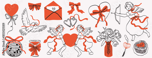 Cute elements decorated with whimsical bows, ribbons and heart. Elegant female cupid, flowers, cake. Vintage hand drawn line art vector illustrations for wedding or valentine day card invitation.