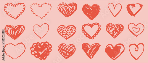 Cute sketchy whimsical Red hearts on pink background. Vintage hand drawn doodle grunge love art vector illustrations for wedding or valentine day card invitations, poster, event placard, party banner.