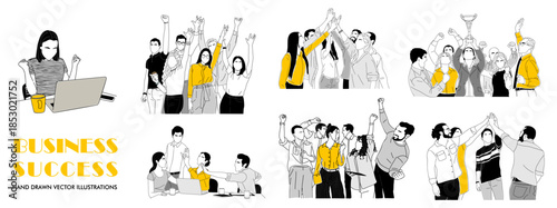Diverse business people celebrating success teamwork and achievement in a modern professional style. Flat hand drawn vector illustration isolated on transparent  background