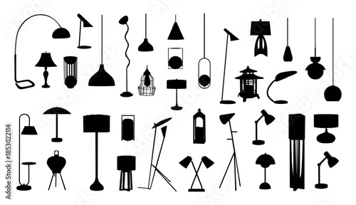 Minimalist vector set of modern lamp silhouettes including floor table desk and pendant lights isolated on transparent background for interior design use.