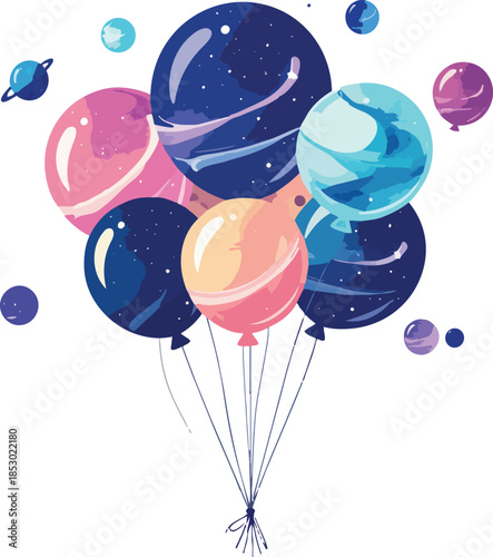 Balloon Bouquet Composed of Glowing Planets for Dreamy, Cosmic, and Imaginative Vector Art Illustration