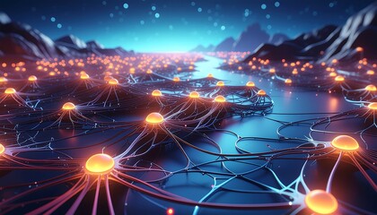 Leinwandbilder Purpur Neural network connections illuminating a futuristic landscape with glowing nodes and wires  © K Media