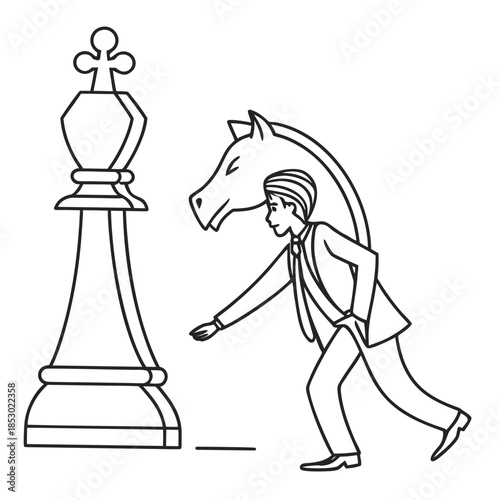 Strategic Gambit: A clever businessperson strategizes a chess move, standing near the majestic king piece and a horsey piece, with the ambition of strategizing