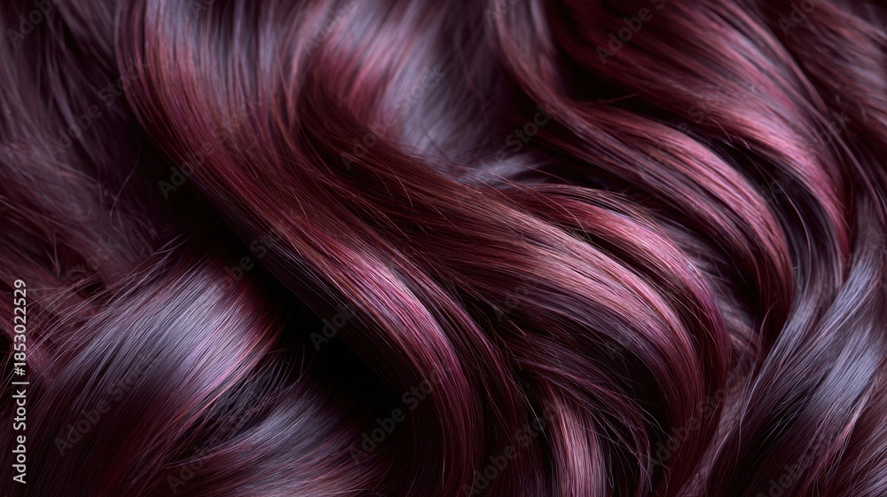 Naklejka premium Smooth flowing hair strands in deep burgundy and purple tones creating an abstract texture background.