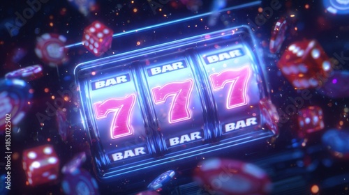 Vibrant casino scene featuring a glowing slot machine with lucky seven symbols, flying dice and chips in neon light.